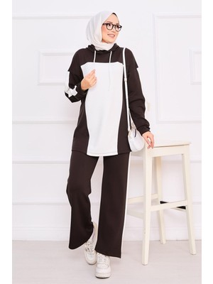Cvn İki Renkli Kapüşonlu Tesettür İkili Takım Kahve