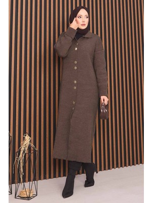 RAF Boydan Gold Düğmeli Tesettür Triko Hırka Kahve