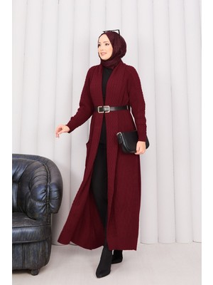 RAF Saç Örgü Şal Yaka Tesettür Triko Hırka Bordo