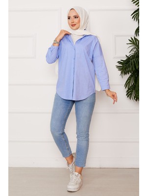 Hal Boydan Düğmeli Spor Gömlek Mavi