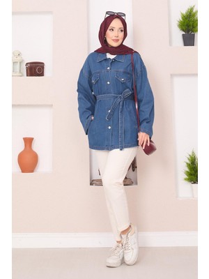 Md Cep Detaylı Seyyar Kuşaklı Kot Ceket Mavi