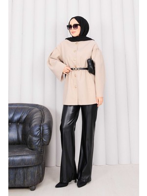 Md Gold Düğmeli Beli Büzgülü Kaşe Kap Bej