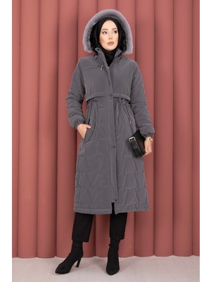 Hsm Kapüşonu Kürklü Fermuarlı Nova Kaban Füme