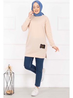 Cvn Taş Işlemeli Ponponlu Tesettür Tunik Bej