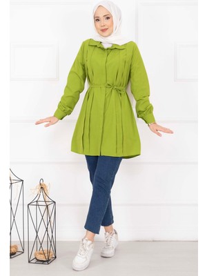 Asm Boydan Gizli Düğmeli Pile Detaylı Tesettür Gömlek Yağ Yeşil