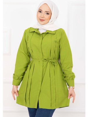 Asm Boydan Gizli Düğmeli Pile Detaylı Tesettür Gömlek Yağ Yeşil