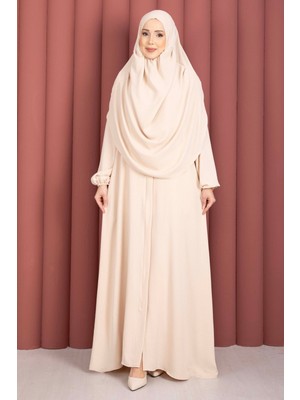 DF Hafsa Fermuar Detaylı Tesettür Namaz Elbisesi Bej