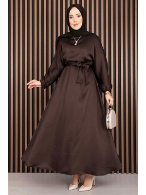 Md Beli Büzgülü Kuşaklı Tesettür Elbise Kahve