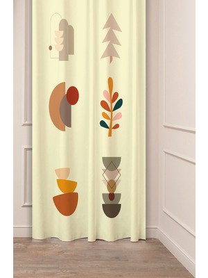 Greendecor Bohem Yaprak Vazo Geometrik Desenli Özel Tasarım Dijital Baskılı (Tek Kanat) Modern Şık Fon Perde
