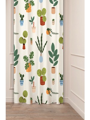 Greendecor Bohem Vazo Çiçek Yaprak Desenli Özel Tasarım Dijital Baskılı (Tek Kanat) Soft Modern Şık Fon Perde