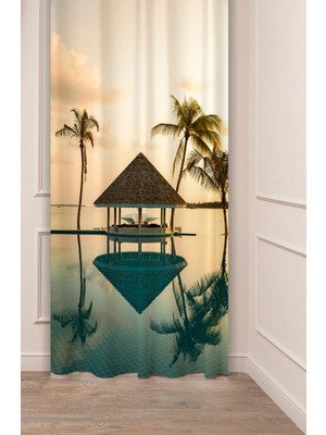 Greendecor Deniz Manzara Palmiye Bohem Desenli Özel Tasarım Dijital Baskılı (Tek Kanat) Modern Şık Fon Perde