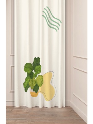 Greendecor Bohem Vazo Çiçek Yaprak Desenli Özel Tasarım Dijital Baskılı (Tek Kanat) Soft Modern Şık Fon Perde