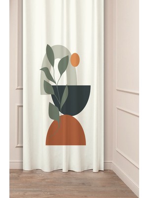 Greendecor Bohem Vazo Çiçek Yaprak Desenli Özel Tasarım Dijital Baskılı (Tek Kanat) Soft Modern Şık Fon Perde