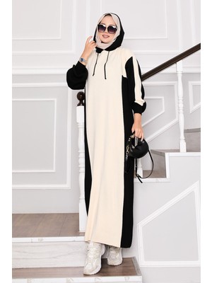 Mo Kapüşonlu Spor Triko Elbise Siyah-Ekru