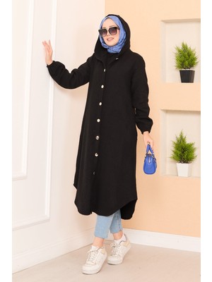 Nz Kapüşon Detaylı Balıksırtı Tesettür Kaşe Kap Siyah
