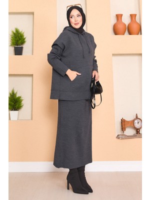 RAF Kapüşonlu Süveter Detaylı Tesettür İkili Elbise Takım Gri
