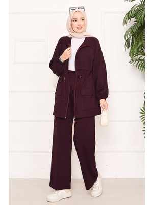Md Beli Ayarlanabilir Cep Detaylı Tesettür İkili Takım Bordo