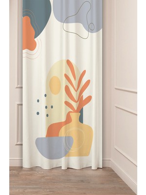 Greendecor Bohem Vazo Yaprak Geometrik Çizgili Özel Tasarım Soft Dijital Baskılı (Tek Kanat) Modern Fon Perde