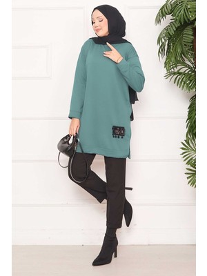 Cvn Taş Işlemeli Ponponlu Tesettür Tunik Çağla Yeşili