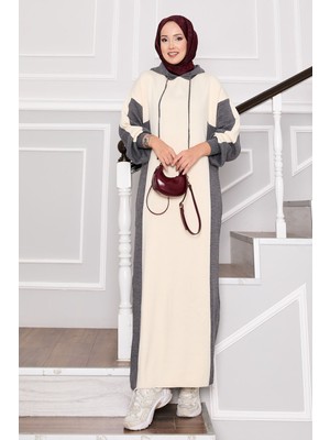 Mo Kapüşonlu Spor Triko Elbise Gri-Ekru