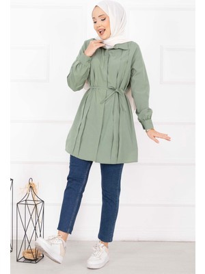 Asm Boydan Gizli Düğmeli Pile Detaylı Tesettür Gömlek Çağla Yeşili
