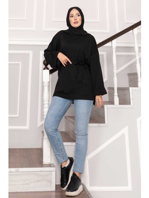 Md Kolu Katlamalı Kuşaklı Oyşo Tunik Siyah