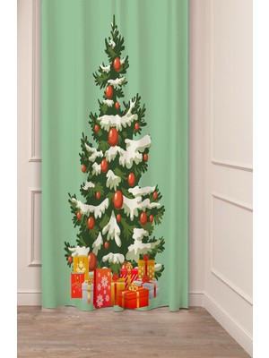 Greendecor Yılbaşı Çam Ağacı Noel Ağacı Kar Yeni Yıl Christmas Desenli Özel Tasarımlı Dijital Baskılı Fon Perde