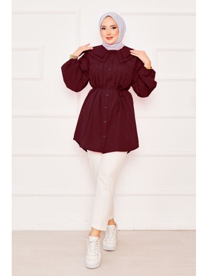 Asm Çift Yakalı Beli Bağcıklı Tesettür Gömlek Bordo