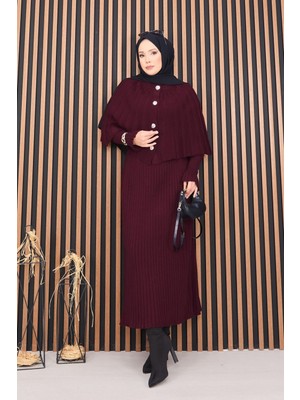 RAF Düğmeli Pelerin & Triko Elbise Tesettür İkili Takım Bordo