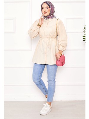 Asm Roba Büzgülü Beli Bağcıklı Tesettür Gömlek Bej