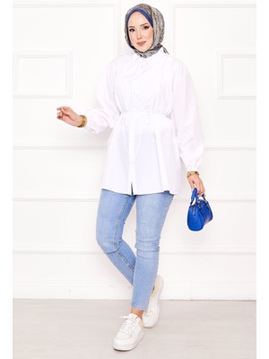 Asm Roba Büzgülü Beli Bağcıklı Tesettür Gömlek Beyaz