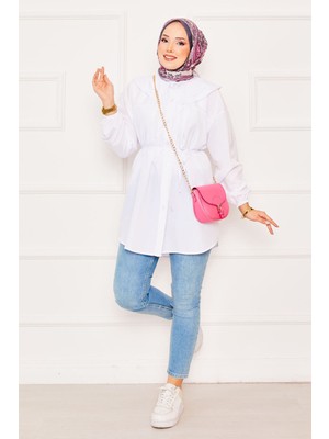 Asm Çift Yakalı Beli Bağcıklı Tesettür Gömlek Beyaz