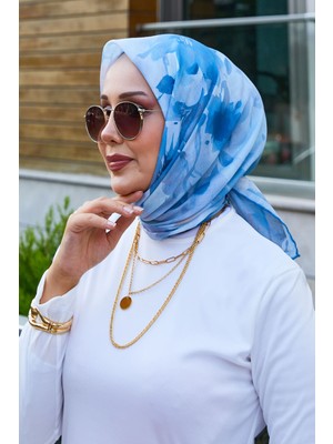 Msc Çiçek Desenli Eşarp Mavi