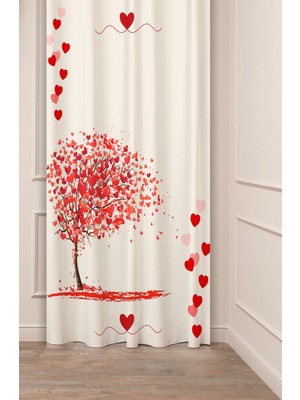Greendecor Aşk Sevgi Kalp Kırmızı Kalp Bej Desenli Özel Tasarım Dijital Baskılı (Tek Kanat) Modern Fon Perde