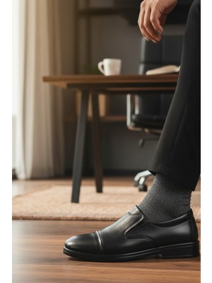 Enoch Hakiki Deri Siyah Ortopedik Burun Dikişli Erkek Baba Ayakkabı