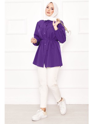 Asm Roba Büzgülü Beli Bağcıklı Tesettür Gömlek Mor