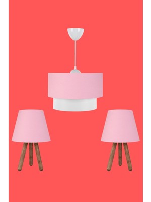 Normadia Şık Üçlü Avize ve Abajur Seti, Ahşap Ayak, Pembe Kumaş Detaylı