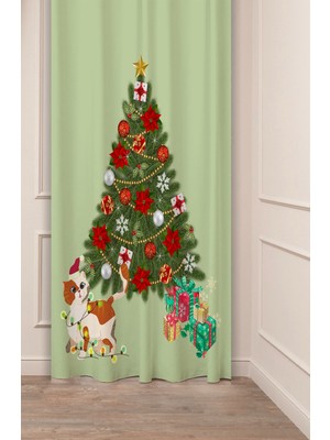 Greendecor Yılbaşı Çam Ağacı Noel Ağacı Kar Yeni Yıl Christmas Desenli Özel Tasarımlı Dijital Baskılı Fon Perde