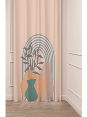 Greendecor Bohem Vazo Çiçek Yaprak Çizgi Desenli Özel Tasarım Dijital Baskılı (Tek Kanat) Soft Modern Fon Perde
