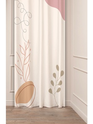 Greendecor Bohem Yaprak Çiçek Vazo Bej Renk Özel Tasarım Soft Dijital Baskılı (Tek Kanat) Modern Şık Fon Perde