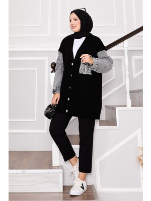 Frx Kot Garnili Taş Detaylı Saç Örgü Triko Hırka Siyah