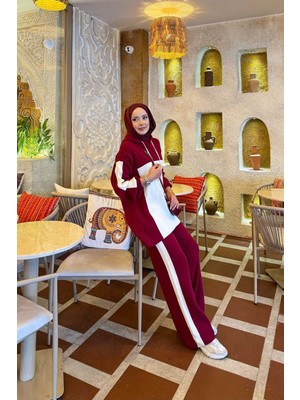 Mo Kapüşonlu İki Renk Triko Takım Bordo