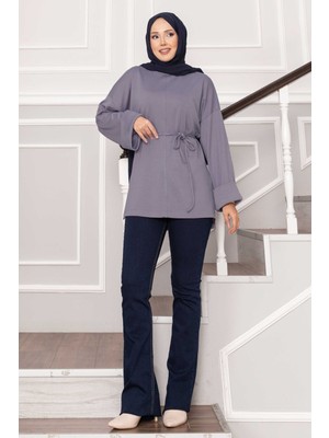 Md Kolu Katlamalı Kuşaklı Oyşo Tunik Gri