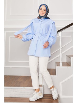 Asm Omuz Detaylı Gizli Düğmeli Tesettür Gömlek Bebe Mavisi