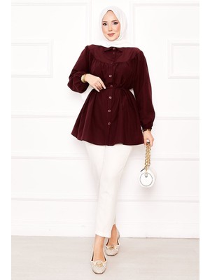 Asm Roba Büzgülü Beli Bağcıklı Tesettür Gömlek Bordo