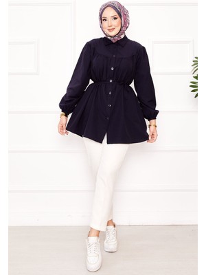 Asm Roba Büzgülü Beli Bağcıklı Tesettür Gömlek Lacivert