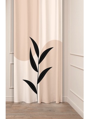 Greendecor Yaprak Vazo Bohem Minimalist Bej Krem Desenli Özel Tasarım Dijital Baskılı (Tek Kanat) Şık Fon Perde