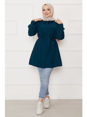 Asm Boydan Gizli Düğmeli Pile Detaylı Tesettür Gömlek Petrol