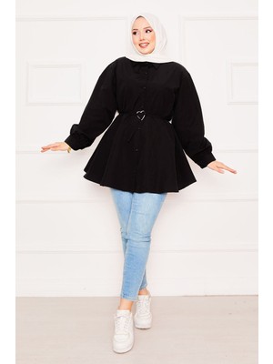 Asm Metal Kalp Figürüyle Bağcıklı Terikoton Gömlek Tunik Siyah