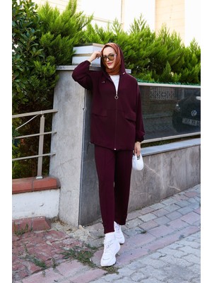 Md Kapüşon Ve Fermuar Detaylı İkili Oyşo Takım Bordo